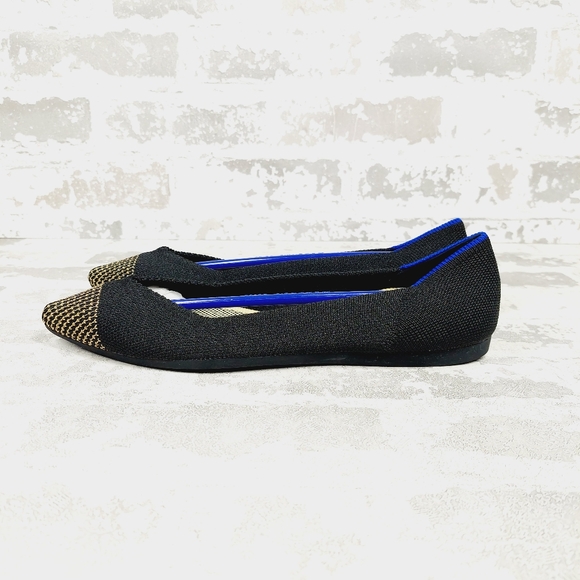 New Rothy's The Flat Black Knit Pointy Toe Slip On Loafers E619